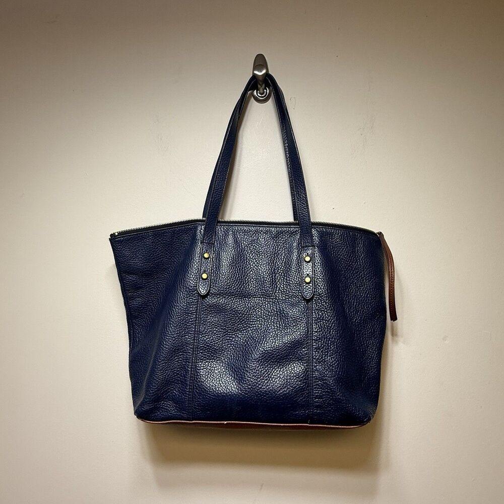 VTG Fossil Jenna Denim Navy Blue Pebbled Leather Brown Trim Tote Shoulder Bag - Picture 2 of 9